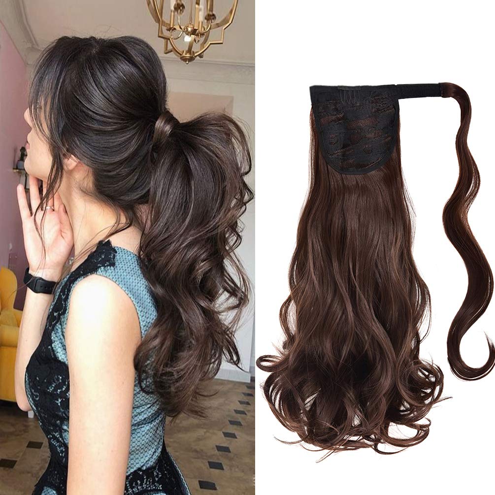 Curly Wave Ponytail Extension Clip in - 18 Inch Long Curly Wrap Around Pony Tail Heat Resistant Synthetic Hairpiece for Women (Medium Brown #4)