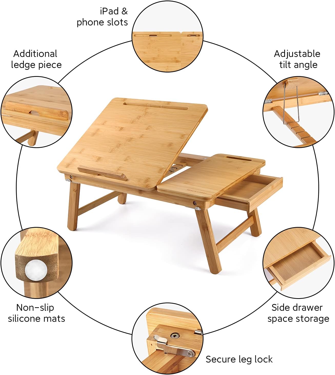 Lap Desk Nnewvante Bed Tray Table Foldable Laptop Desk Bamboo Breakfast Serving Tray with Drawer Tablet Slots, Nature