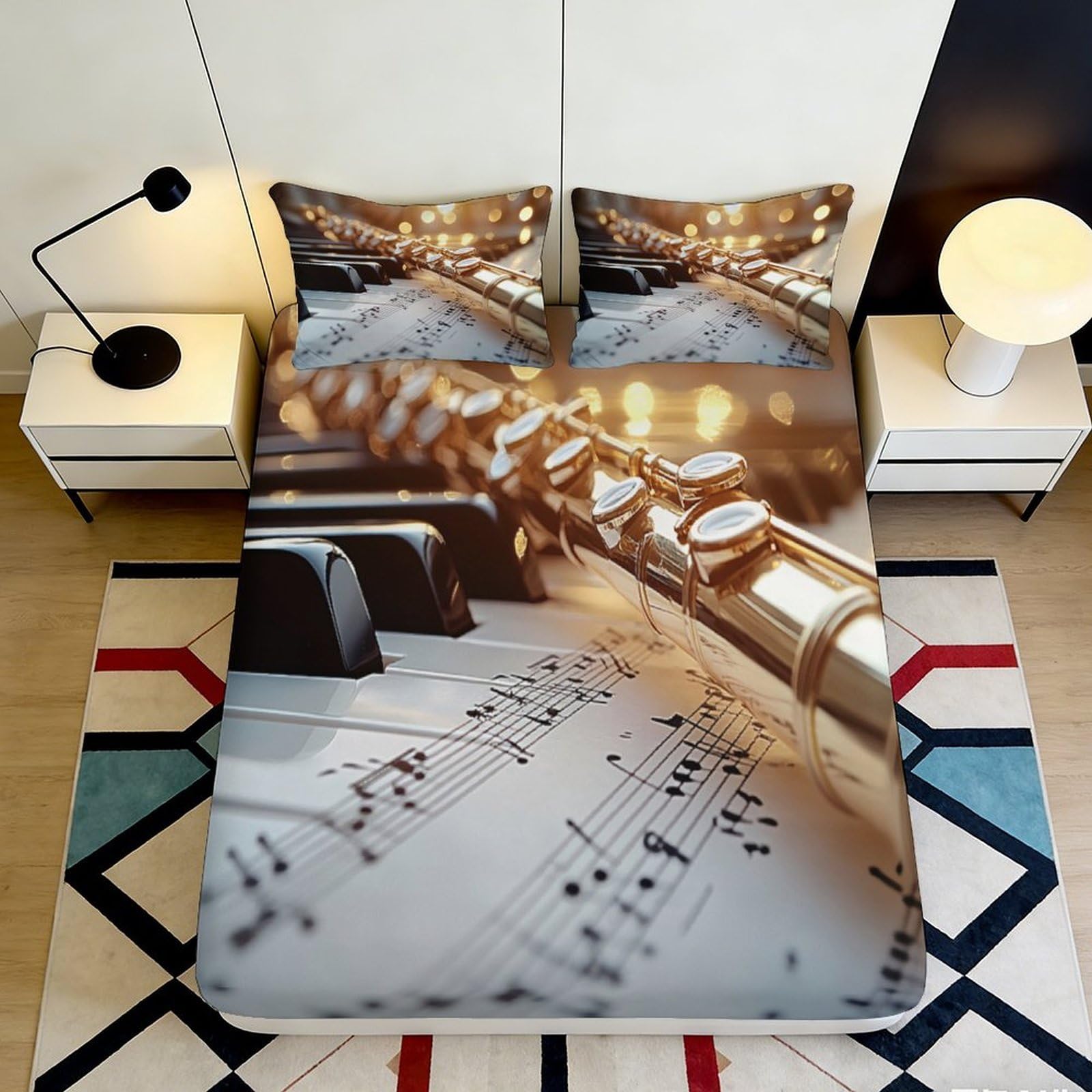 3D Printed Musical Notes Fitted Sheet Microfiber Soft Piano Instrument Bed Cover for Bedroom Guest Room Decor 160x200x25cm