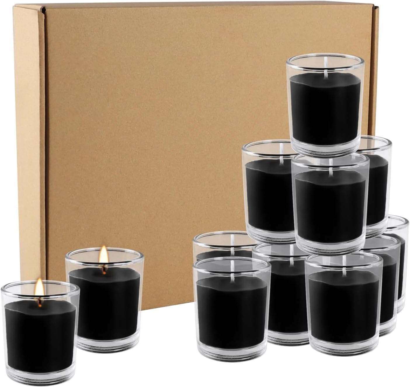 Pliadvbu Set of 20 Black Votive Candles for Halloween,Unscented Soy Wax Candles Filled in Clear Glass for Home Decor Dinner Party,15 Hours