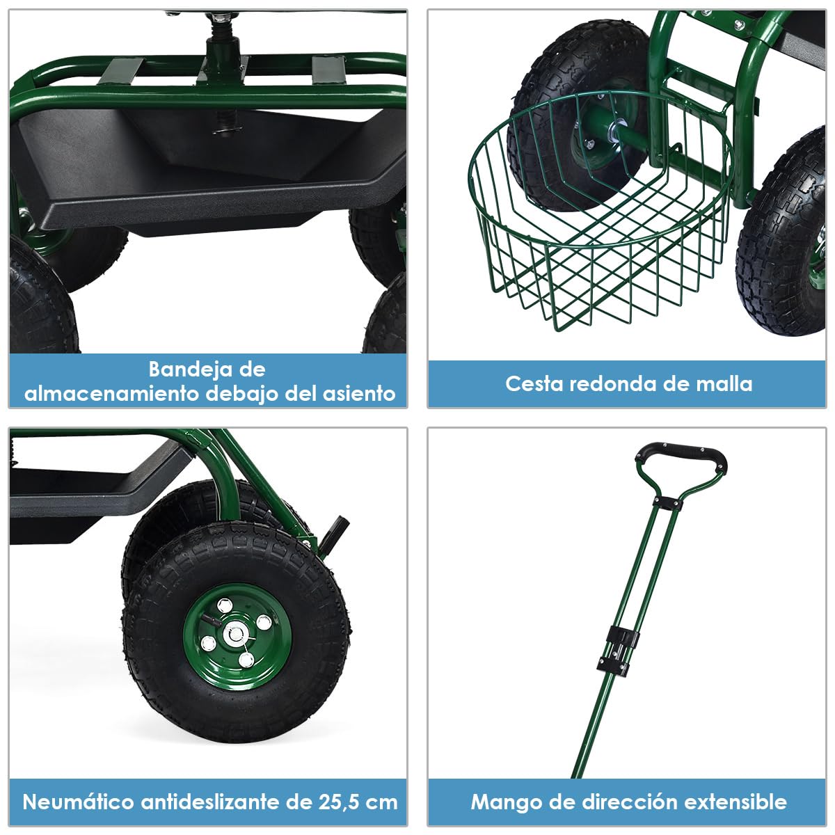 COSTWAY Asiento de Jardín con Ruedas y Asa Extensible, Taburete Móvil de Trabajo de Jardinería con Cesta, Asiento Ajustable, 2 Bandejas de Herramientas (96,5 x 48,5 x 45,5-54,5 cm)