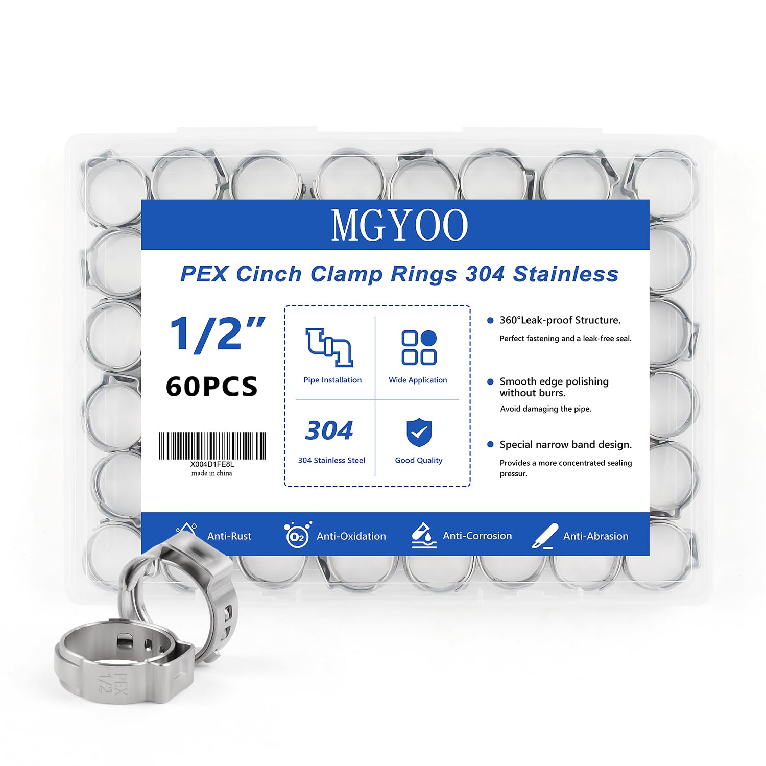 MGYOO 1/2 inch Pex Clamps 60pcs Pex Crimp Rings Single Ear Hose Clamps Stainless Steel Pex Fittings Cinch Clamp Ring for PEX Pipe Tubing