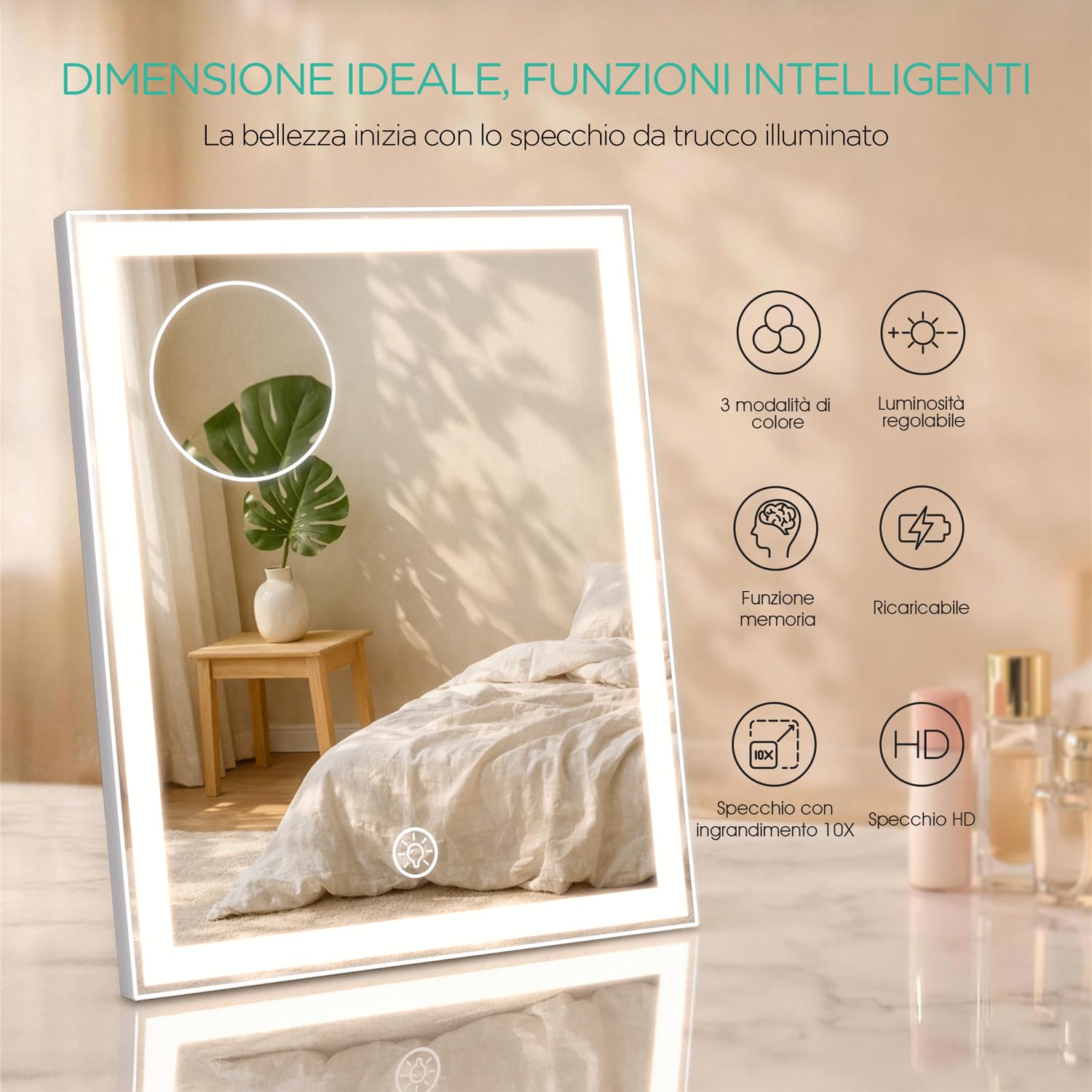 VOYOR Specchio Trucco con Luci, 30 x 25 cm Specchio Ricaricabile con 3 Modalità Luce, Touch Intelligente, Ingrandimento 10X, Specchio LED per Toeletta, Scrivania e Camera da Letto, Bianco