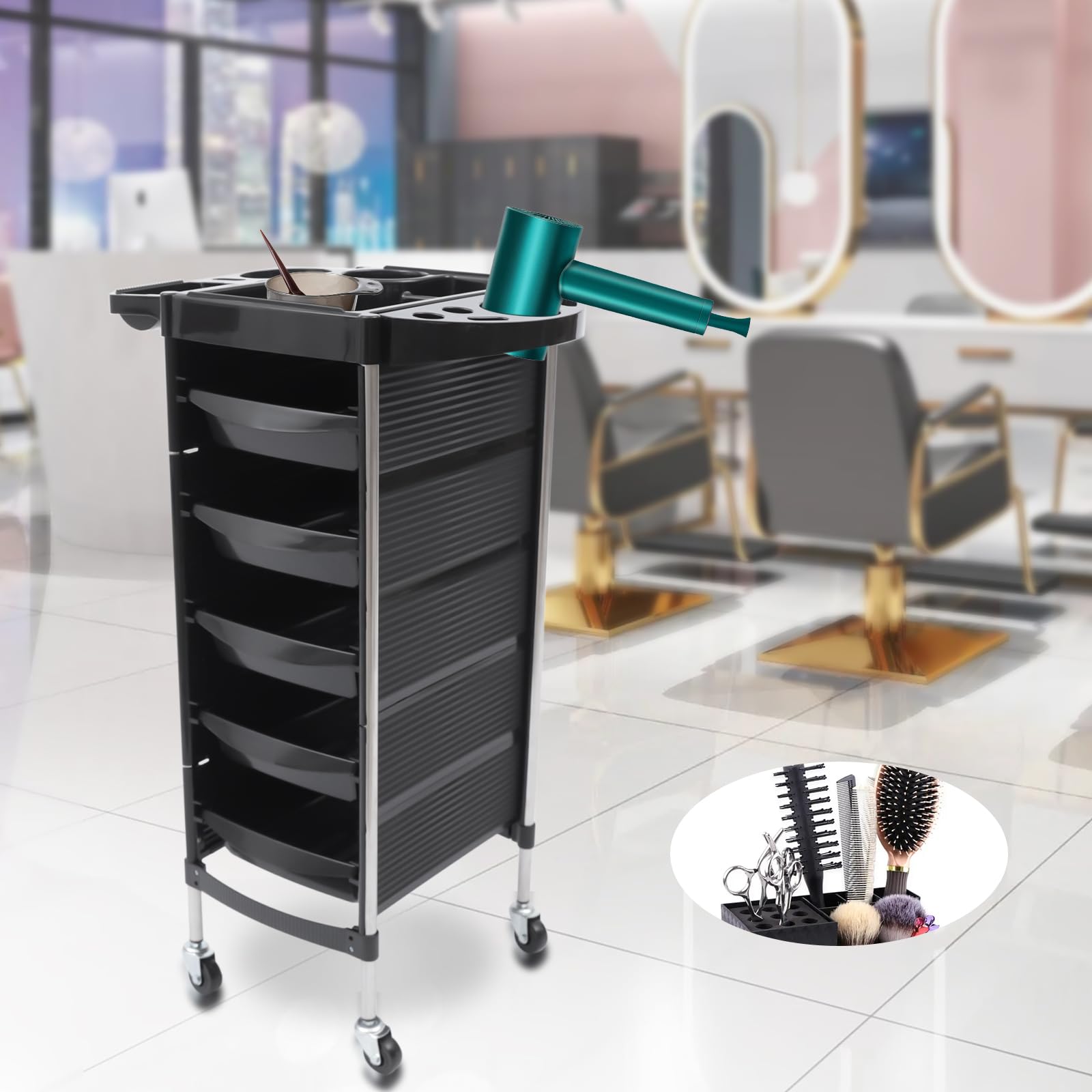 6 Etagen Friseurwagen, Friseurwagen 5 Schubladen, Arbeitswagen Rollwagen Multifunktional Friseurwagen für Beauty Salon, Schwarz