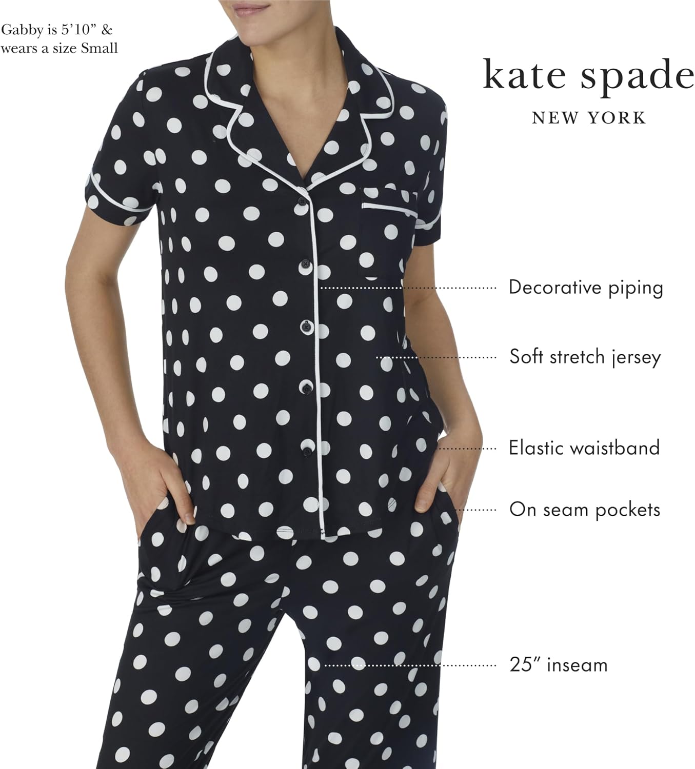 kate spade new york Pajamas for Women 2 Piece Set - Recycled Poly Jersey Notch Collar Short Sleeve Button Top & Cropped Pants - Image 4