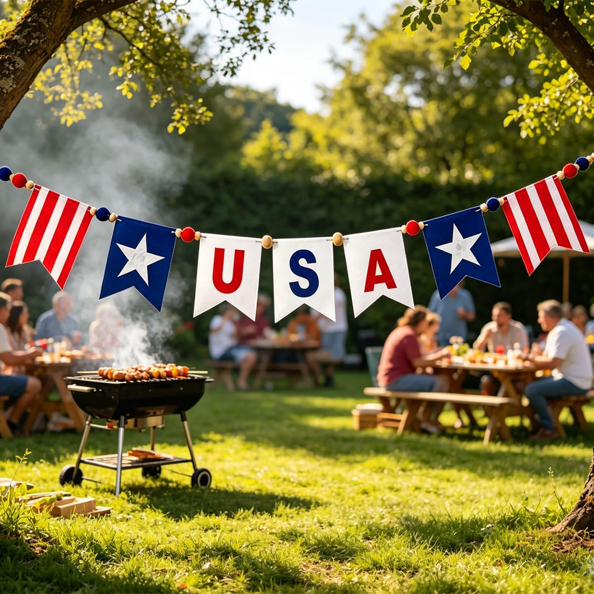 WellerMan 2 PCS Patriotic Garland Banner, 4th of July Garland with Red White and Blue Star Bunting for Independence Day Decorations, Memorial Day, Veterans Day and Labor Day