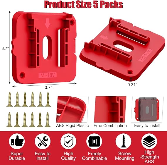 Milwaukee M18 18 V Pil ile Uyumlu Pil Tutucu, Duvara Monte Piller, İş Vanı, Raf, Alet Kutusu için Depolama - 5'li Paket