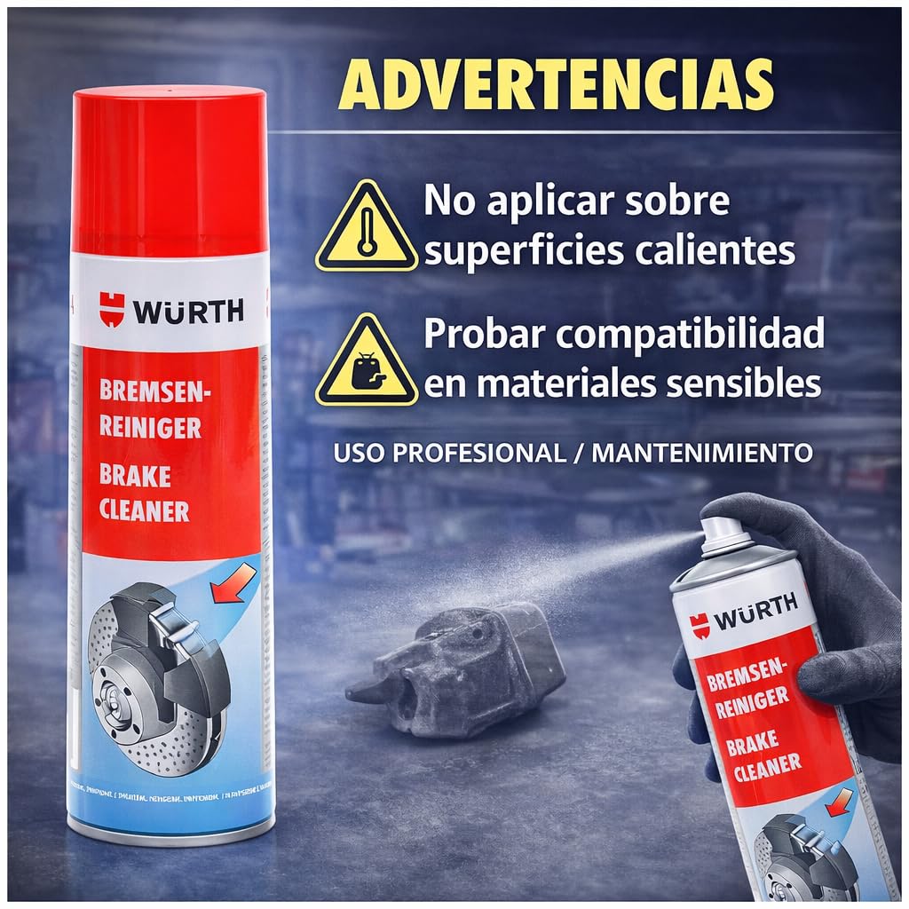 WURTH Limpiador de Frenos 500 ml – Pack de 12 Unidades – Spray Profesional para Limpiar Frenos, Embragues, Motores y Piezas Metálicas – Ref. 08901087