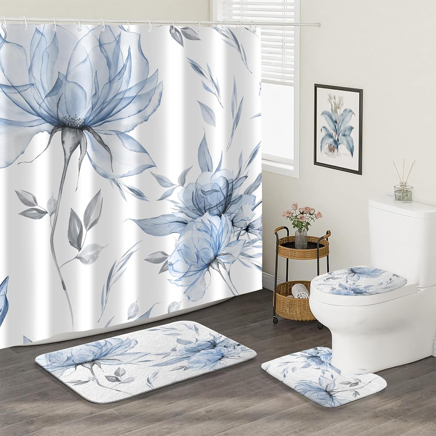 4PCS Blue Grey Watercolor Floral Shower Curtains Set, with Non-Slip Rugs, Toilet Lid Cover and Bath Mat, Flower Leaves Aesthetic Fabric Shower Curtain for Bathroom Decor, Waterproof 12 Hooks 72X72