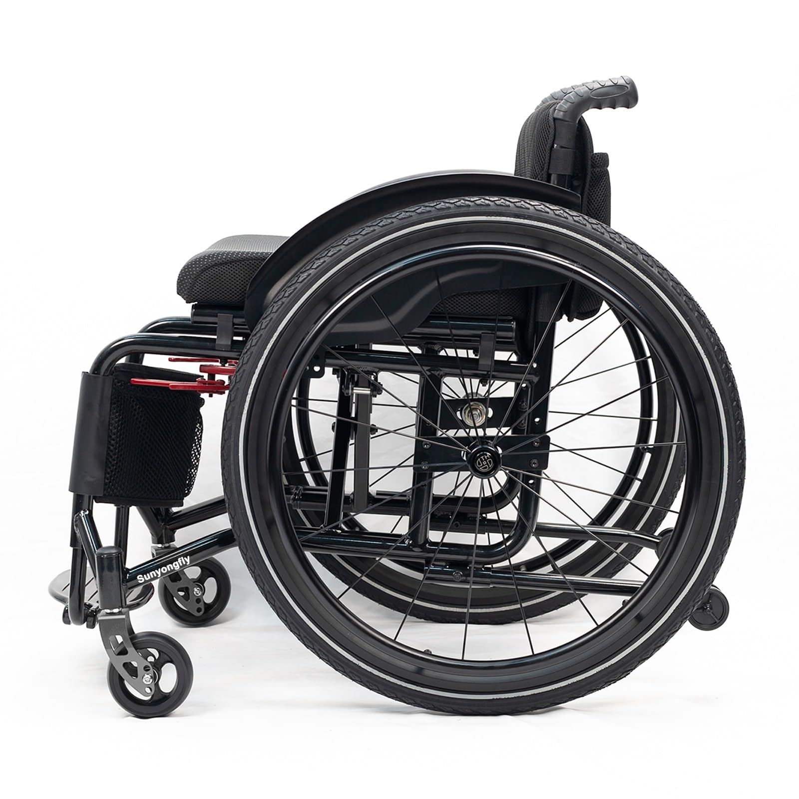 Lekki składany sportowy wózek inwalidzki ze stopu aluminium z podnóżkiem i poduszką do siedzenia dla dorosłych (szerokość siedziska: 42 cm)