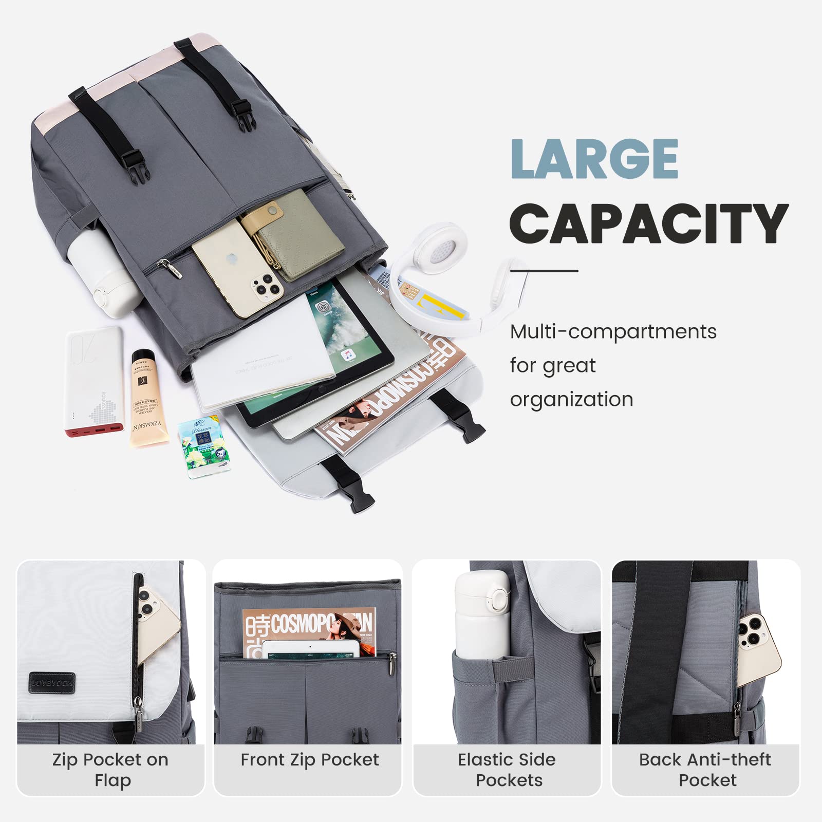 LOVEVOOK Zaino Porta PC Donna 17.3 Pollici Borsa Zainetto Donna con USB Zaino Scuola Media Superiore Antifurto Zaini Scolastici Impermeabile Laptop Backpack per Università Viaggi Ufficio