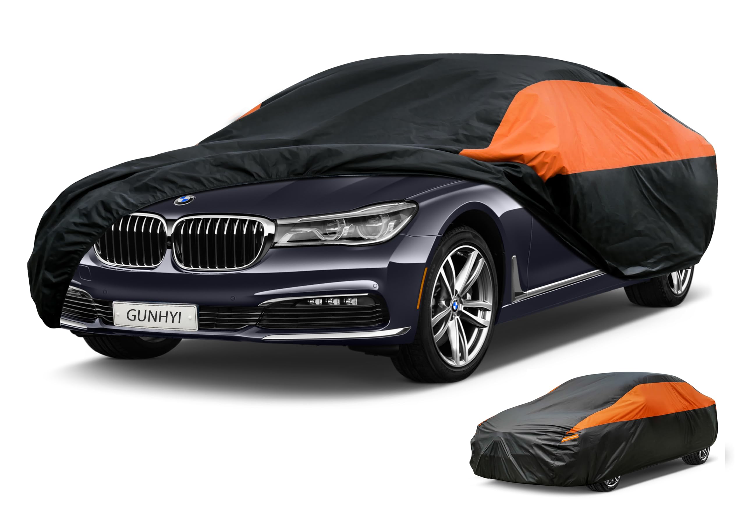 GUNHYI Waterproof Lightweight Full Car Cover Custom Fit 2 Series | All‑weather Outdoor sun/rain/dust/snow/wind/UV protection, breathable tear‑resistant fabric, black‑orange design,storage bag