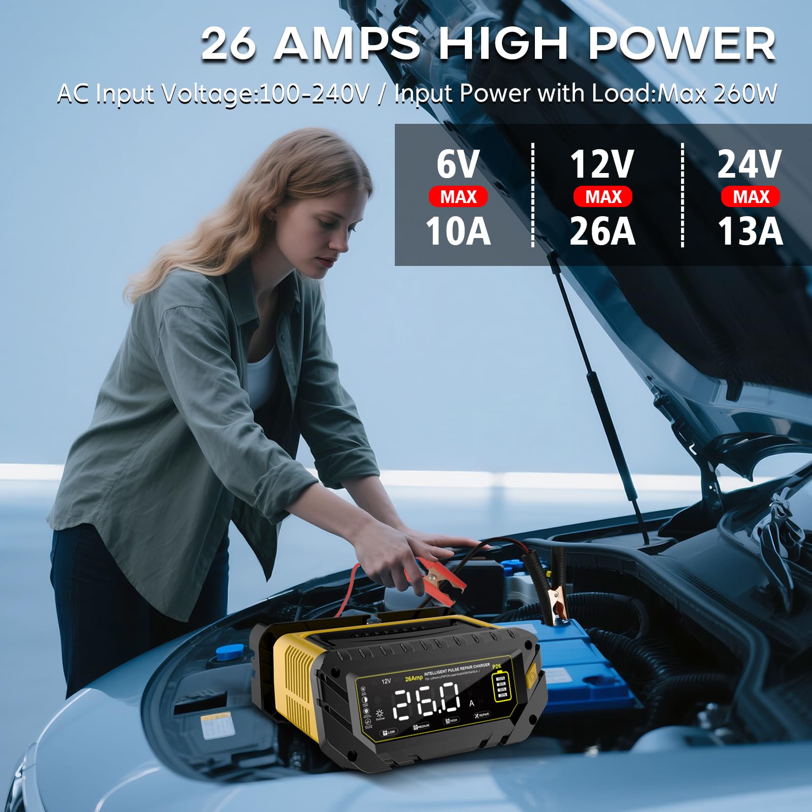 Haisito 26 A ładowarka do akumulatora samochodowego 6 V/12 V/24 V, wyświetlacz LCD, inteligentna ładowarka do akumulatora samochodowego, motocykla, przyczepy kempingowej, pojazdów rolniczych, AGM