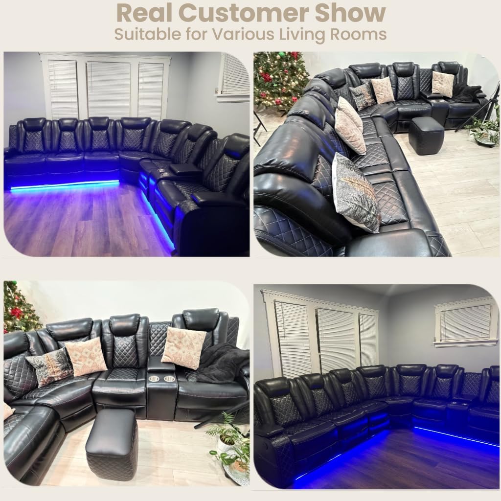 Breathing Leather Reclining Sofa Set,Power Recliner Sectional Couch with LED Light,Modern Living Room Furniture Set,Reclining Sectional Couch Set with USB Port/Storage for Home/Home Theater view 9