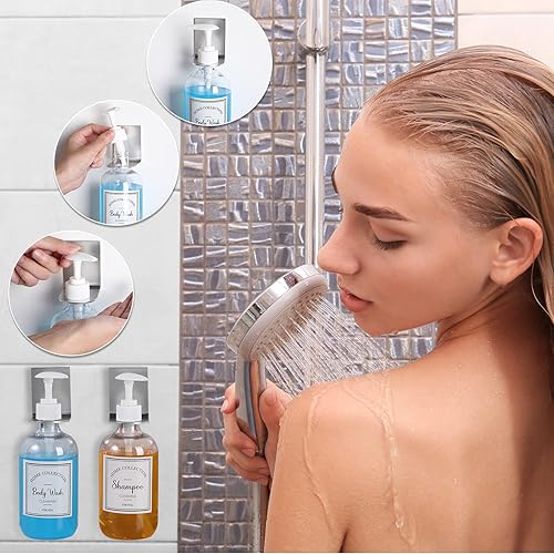 Miniatura 4 de 3 juegos de botellas vacías de champú de 17 onzas con bombas con 3 soportes de gancho para botellas de gel de ducha y 6 calcomanías impermeables