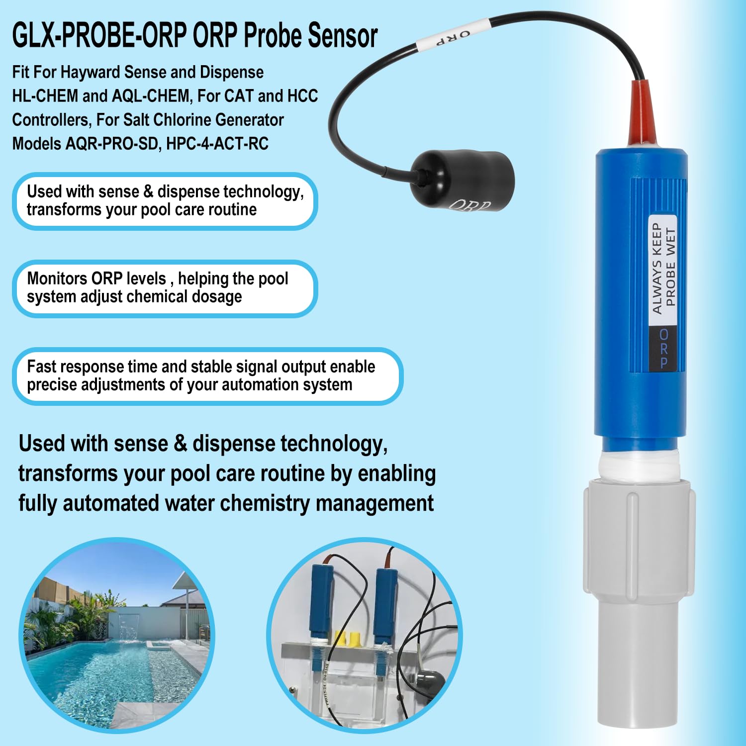 GLX-PROBE-ORP - Sensor de sonda ORP de repuesto para Hayward Sense y dispensa HL-CHEM y AQL-CHEM, para controladores CAT y HCC, para generador de cloro salino Hayward modelo AQR-PRO-SD, HPC-4-ACT-RC
