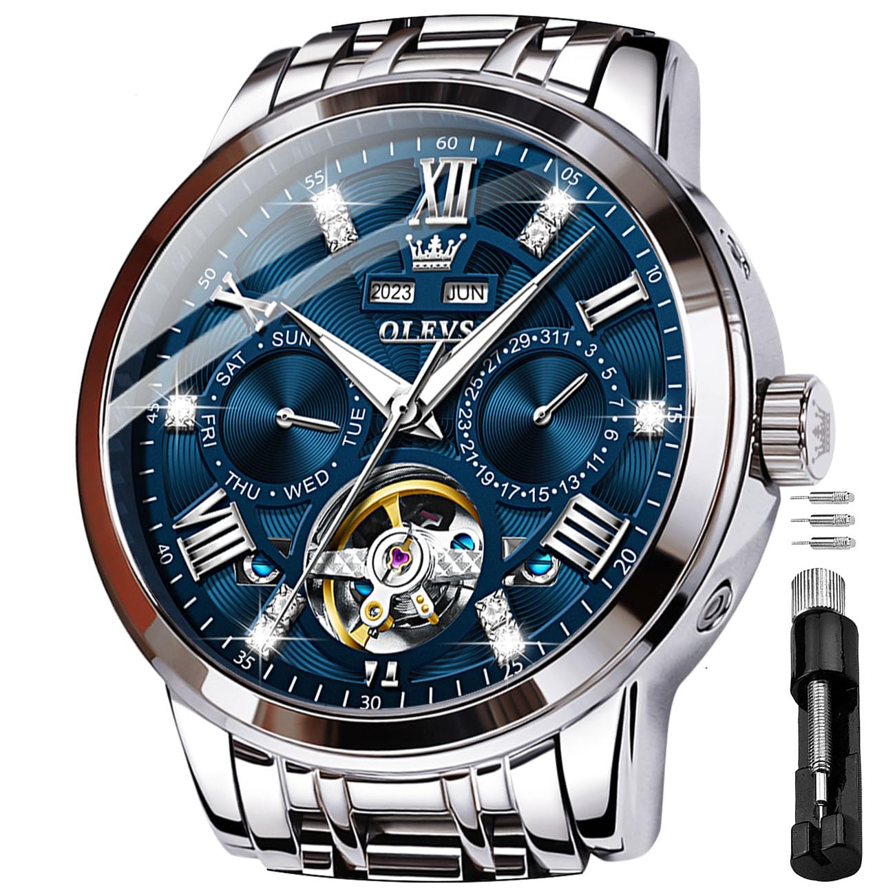 OLEVS Herren Automatikuhr Diamanten Tourbillon Skelett Luxus Edelstahl-Armbanduhr mit Kalender, 30M wasserdicht Leuchtzeigern Mechanische Selbstaufzugsuhr für Business/Abendmode im Geschenkbox