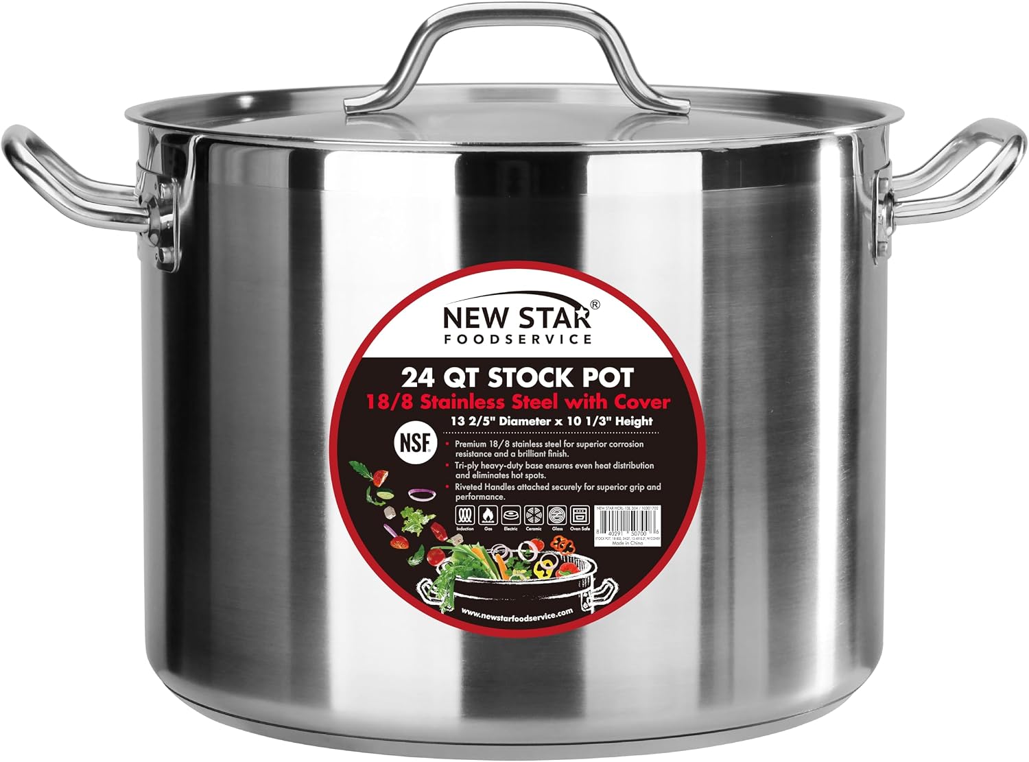 New Star Foodservice 60 Qt Stainless Steel Stock Pot with Cover, 18/8 Stainless Steel