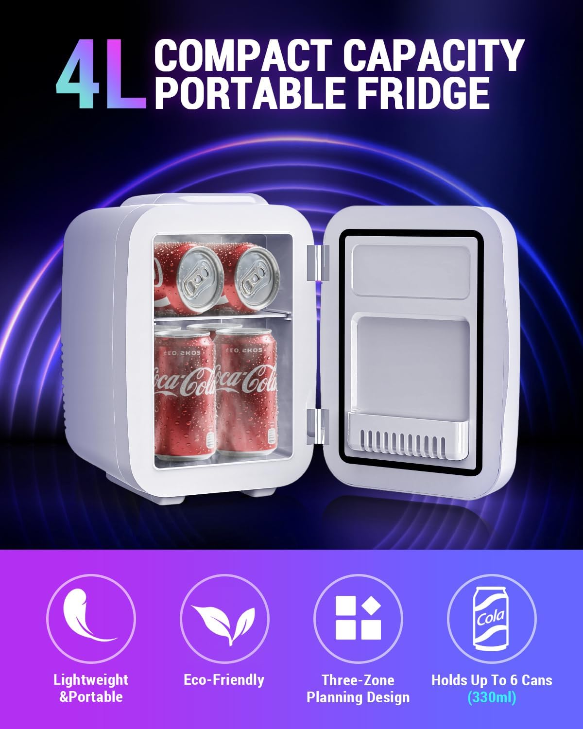 Mini Fridge, 4 Liter/6 Cans Small Refrigerator With Dimmable LED Light,AC/DC Portable Mini Cooler and Warmer, Gaming Small Fridge for Bedroom,Office,Gaming Room and Car (White)