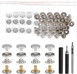 HARFINGTON 24 Set Leather Snap Fasteners Kit 10mm Metal Snap Button Press Studs Leather Rivets Snaps with 3 Setter Tools for Clothes Jackets Jeans Wears Bags, Silver Tone