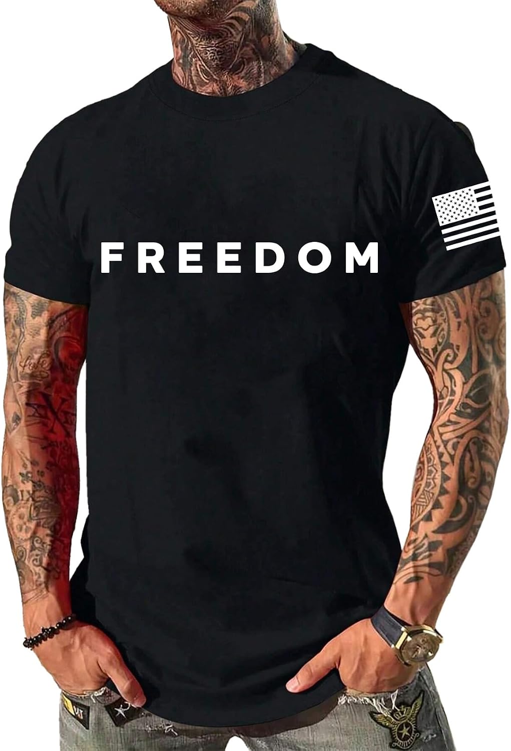 Freedom Shirts for Men Casual Crew Neck T Shirt American Flag Print Sleeves Patriotic Freedom Retro Graphic Tee