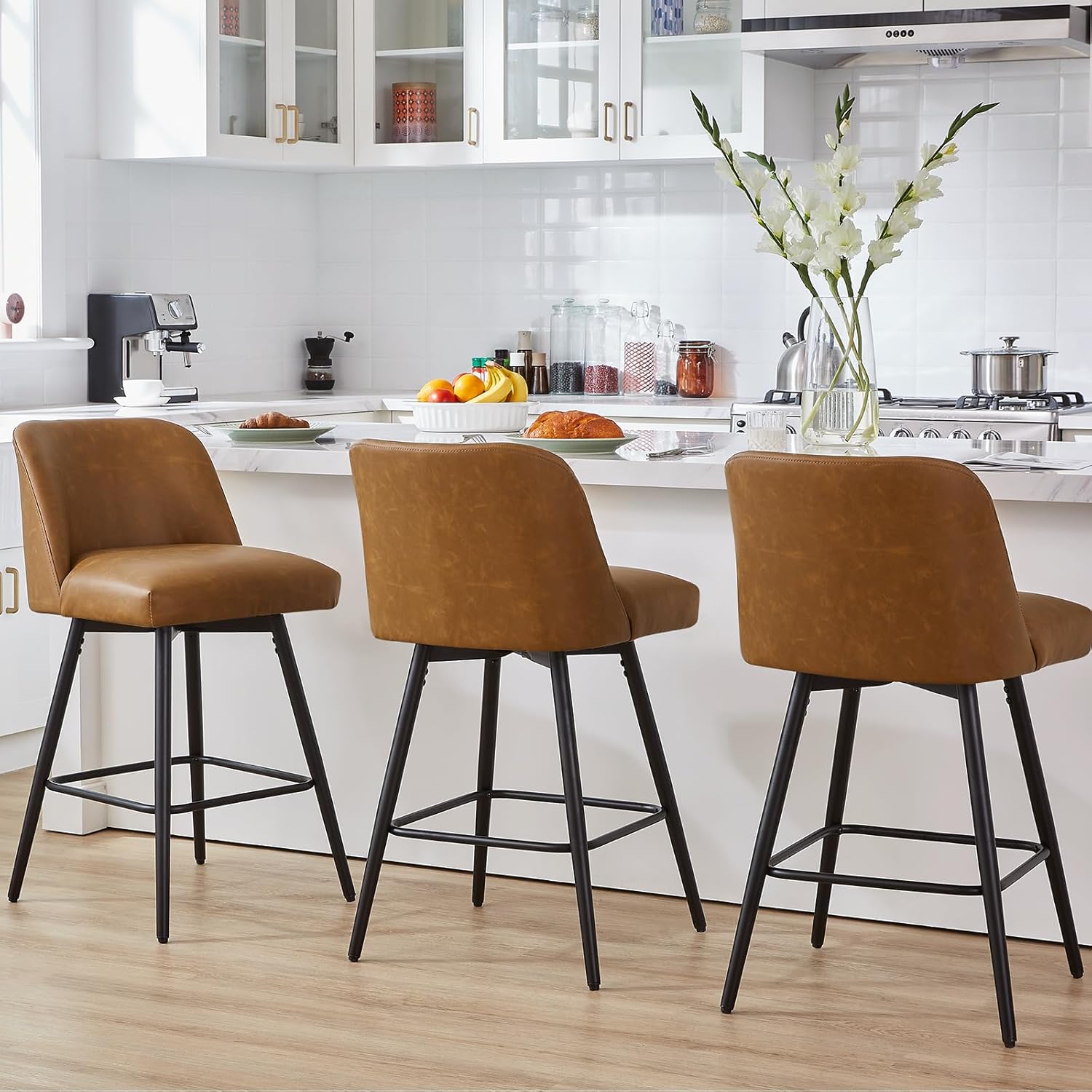 360°Swivel Counter Height Bar Stools Set of 2,Upholstered Morden Kitchen Barstools with High Backs,26" H Seat Height,Faux Leather (Faux Leather-Saddle Brown , 2 Pieces - 26" Counter Height)
