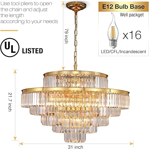 Miniatura 5 de Candelabros y luces de cristal dorados de estilo moderno, colgantes redondos, clásicos, lámpara de techo colgante de 6 niveles para comedor y sala