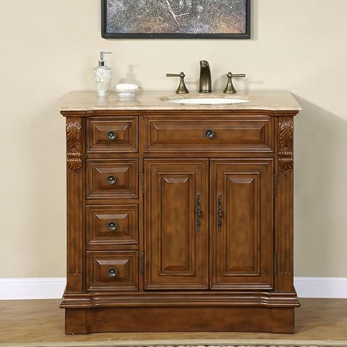 HYP-0904-T-UIC-38-R Travertine Top Off Center Single Right Side Sink Bathroom