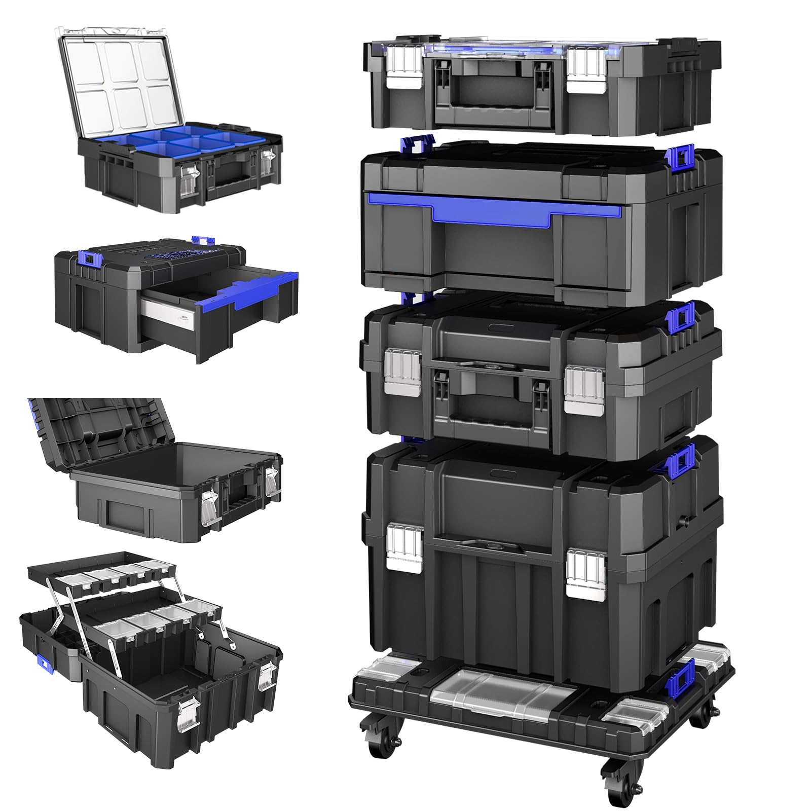 Caja Herramientas con Ruedas de Cinco Capas,Caja de Herramientas Apilable Modular,Caja Herramientas Vacia Portátil con Cajones,Resistente y Duradero