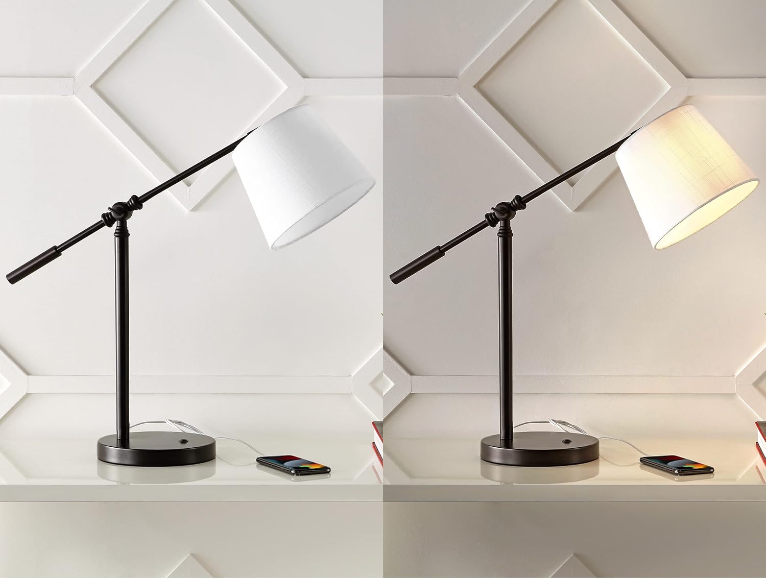 JONATHAN Y 24" Oil Rubbed Bronze 1-Light Iron LED Task Lamp with USB Port, Classic Vintage Industrial Table Lamp with Adjustable Head and Linen Shade, LED Bulb Included JYL1129A
