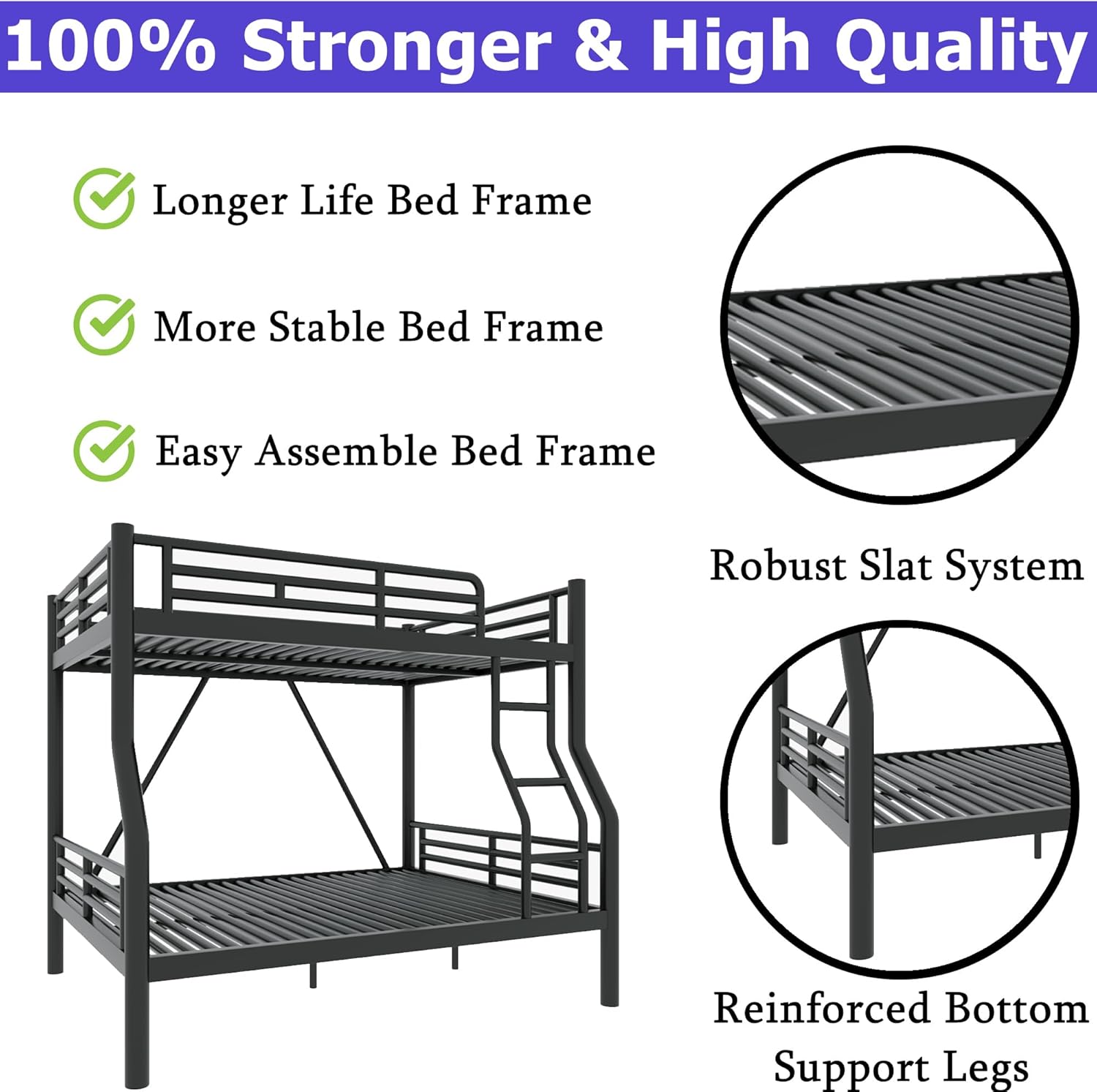 Metal Full XL Over Queen Bunk Beds for Adults, Heavy-Duty Bunk Bed Full XL Over Queen Size with Ladder for Boys Girls Teens, Convertible to 2 Separate beds, Weight Capacity: 600 lbs (Black)