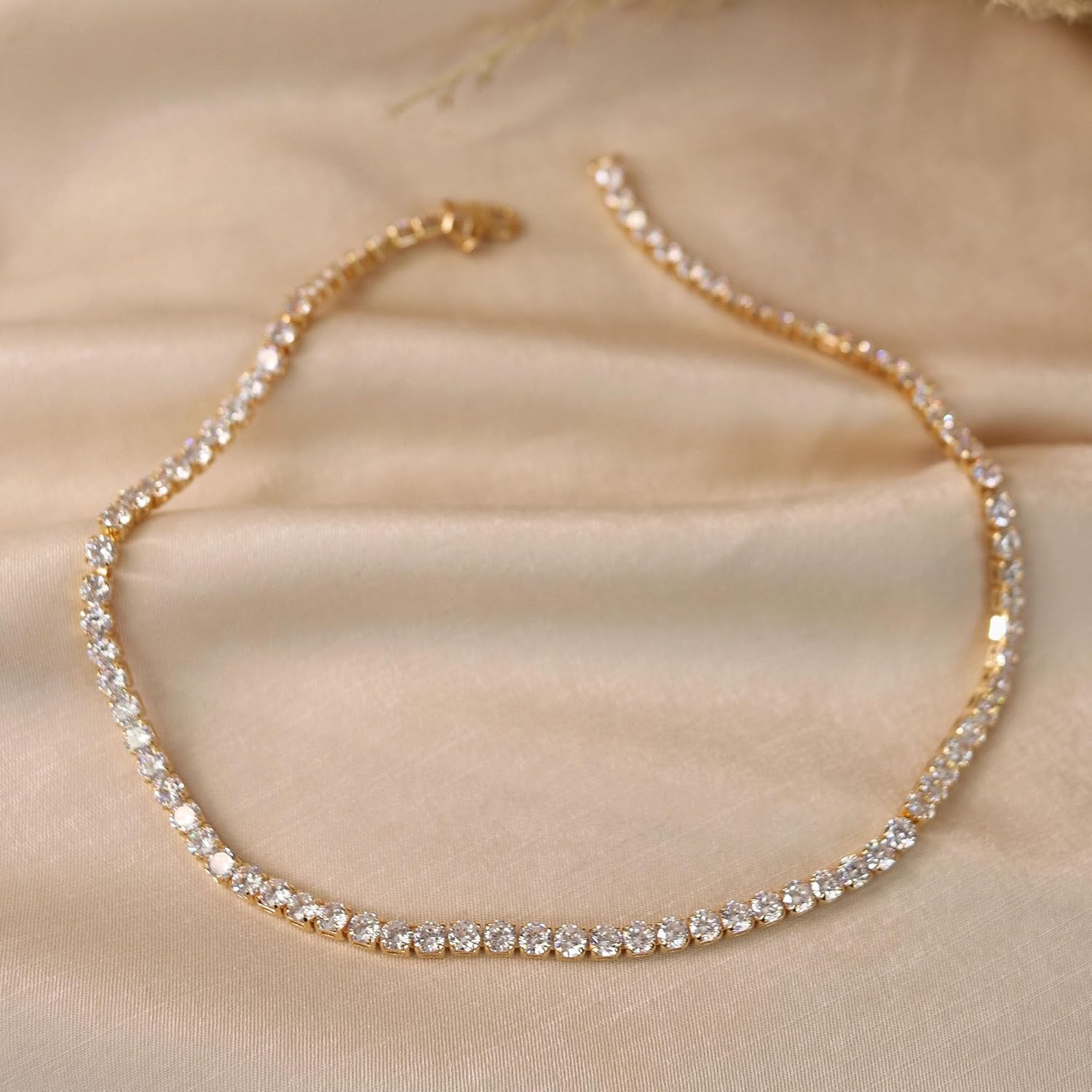 Bling Jewelry Classic Traditional Bridal Cubic Zirconia Clear CZ Round Prong Set Statement Tennis Necklace Collar For Women Wedding Prom 14K Gold Plated 16 Inch