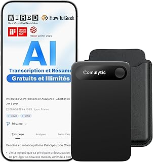 Comulytic Note Pro Enregistreur Vocal IA numérique avec Transcription et résumé illimités, dictaphone avec contrôle Via Application et étui, 113 Langues pour conférences, réunions et appels, Noir
