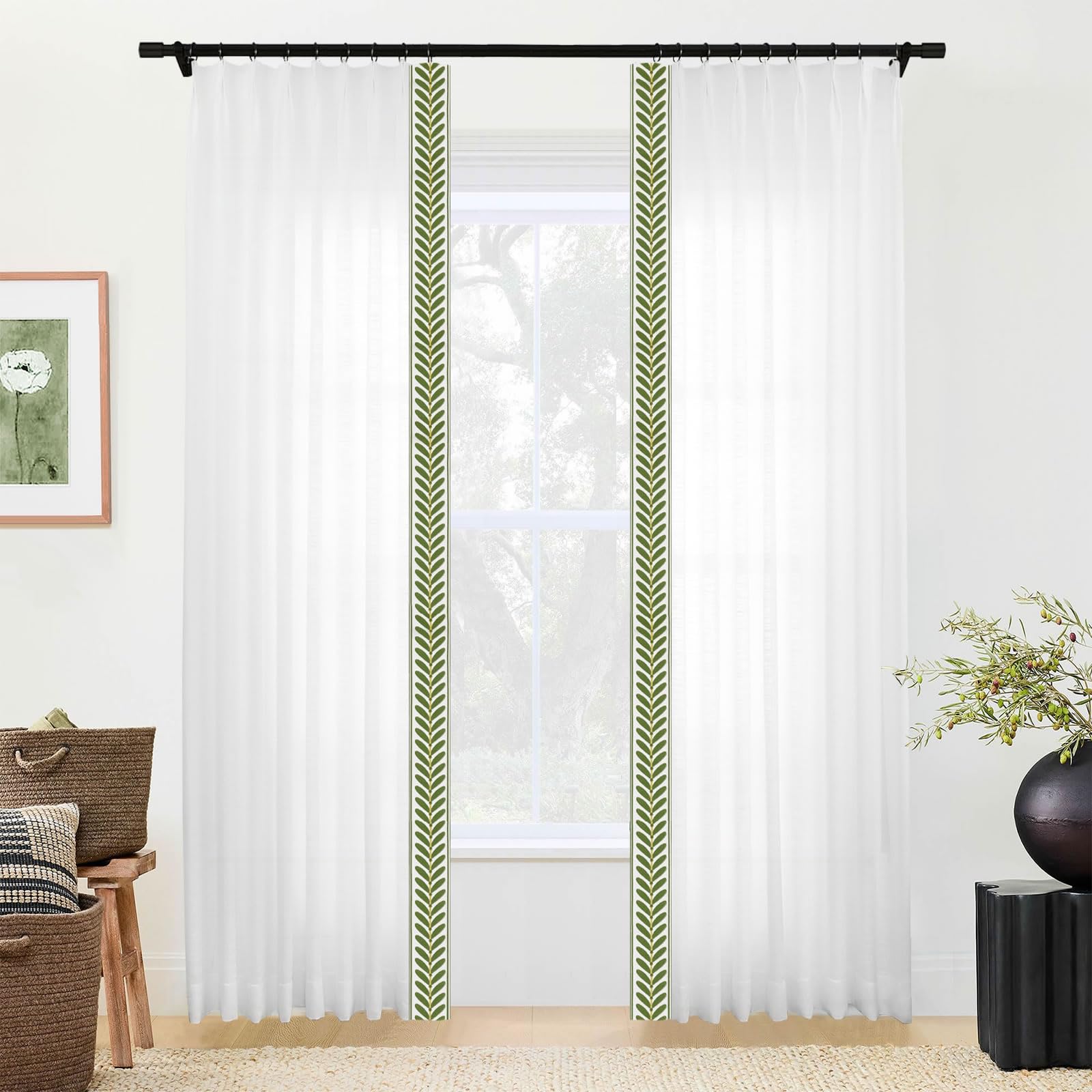 DotheDrape Pinch Pleated Curtains with Green Trim Border 2 Panels Set for Sliding Patio Doors Light Filtering Linen Drapes with Trim, 72W x 84L, White