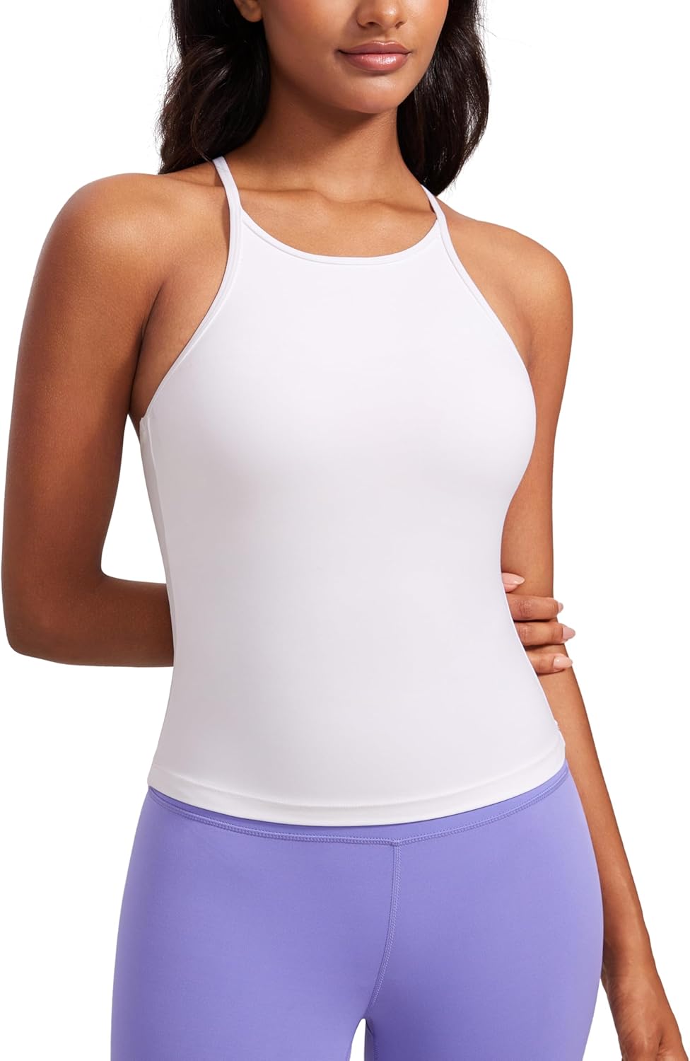 CRZ YOGA Butterluxe Womens Y Back Workout Crop Tank Top with Built in Bra - Padded Halter High Neck Yoga Camisole