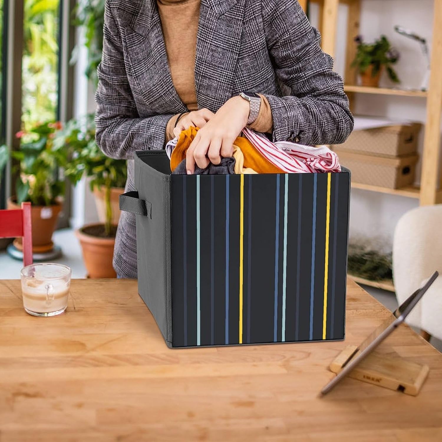 Folding Storage Bins Oxford Fabric Clothes Storage Boxes with Handles | Yellow Striped Pattern Cube Organizer, Easy to Store, Multi Functional Cube Storage Organizer for Office Bedroom