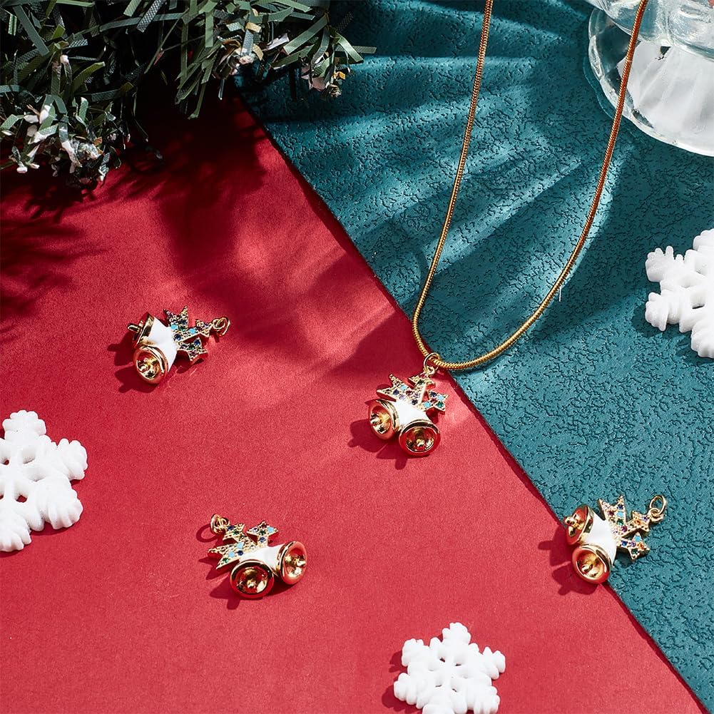 Beebeecraft 1 Box 4Pcs Christmas Bell Charms Colorful Cubic Zirconia 18K Plated Brass Enamel White Bell Charm with Jump Rings for DIY Craft Jewelry Making