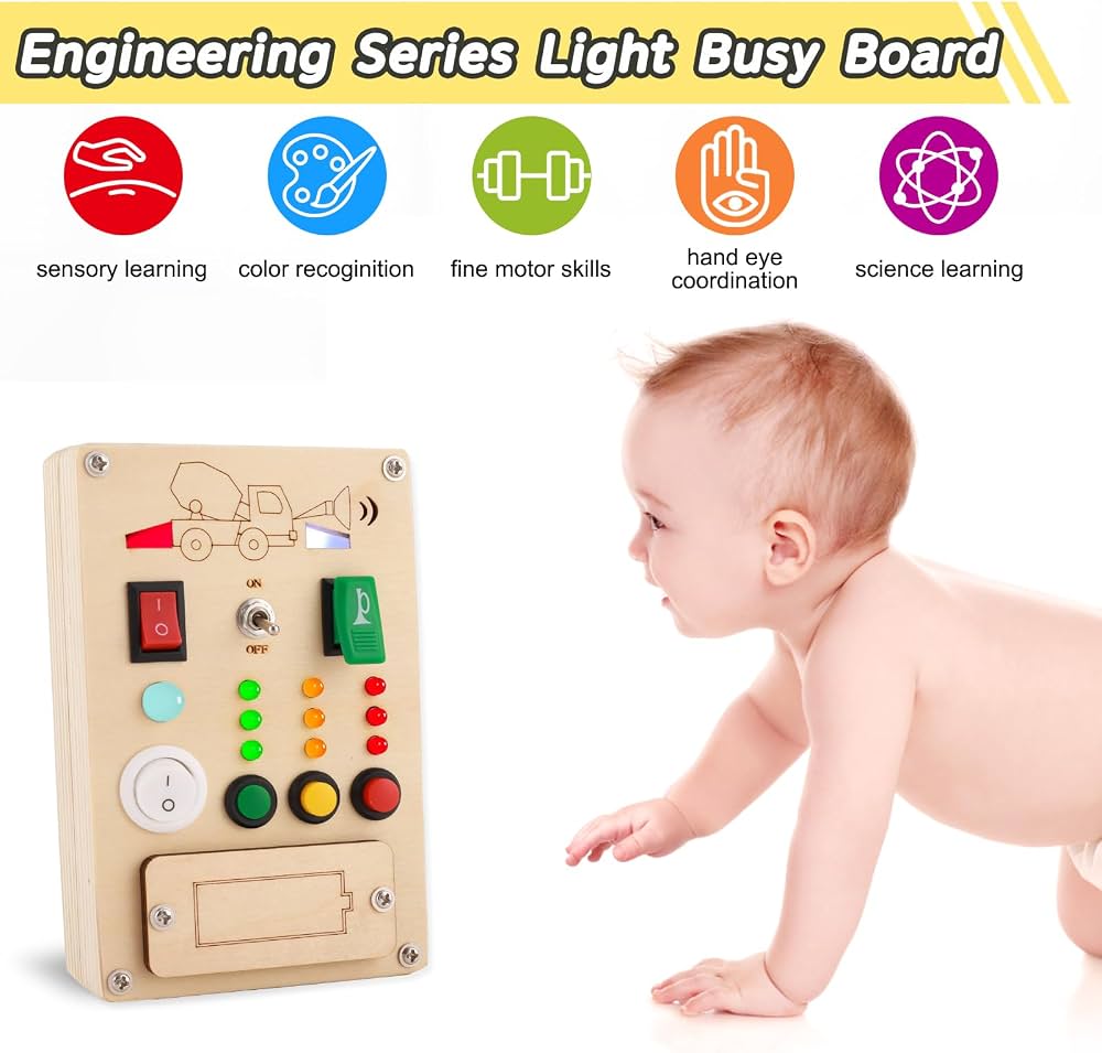 Busy Board Montessori – Tableau De Conduite Avec Interrupteurs, LED, Klaxon – Jouet Sensoriel En Bois Pour 1-4 Ans – Cadeau Voyage