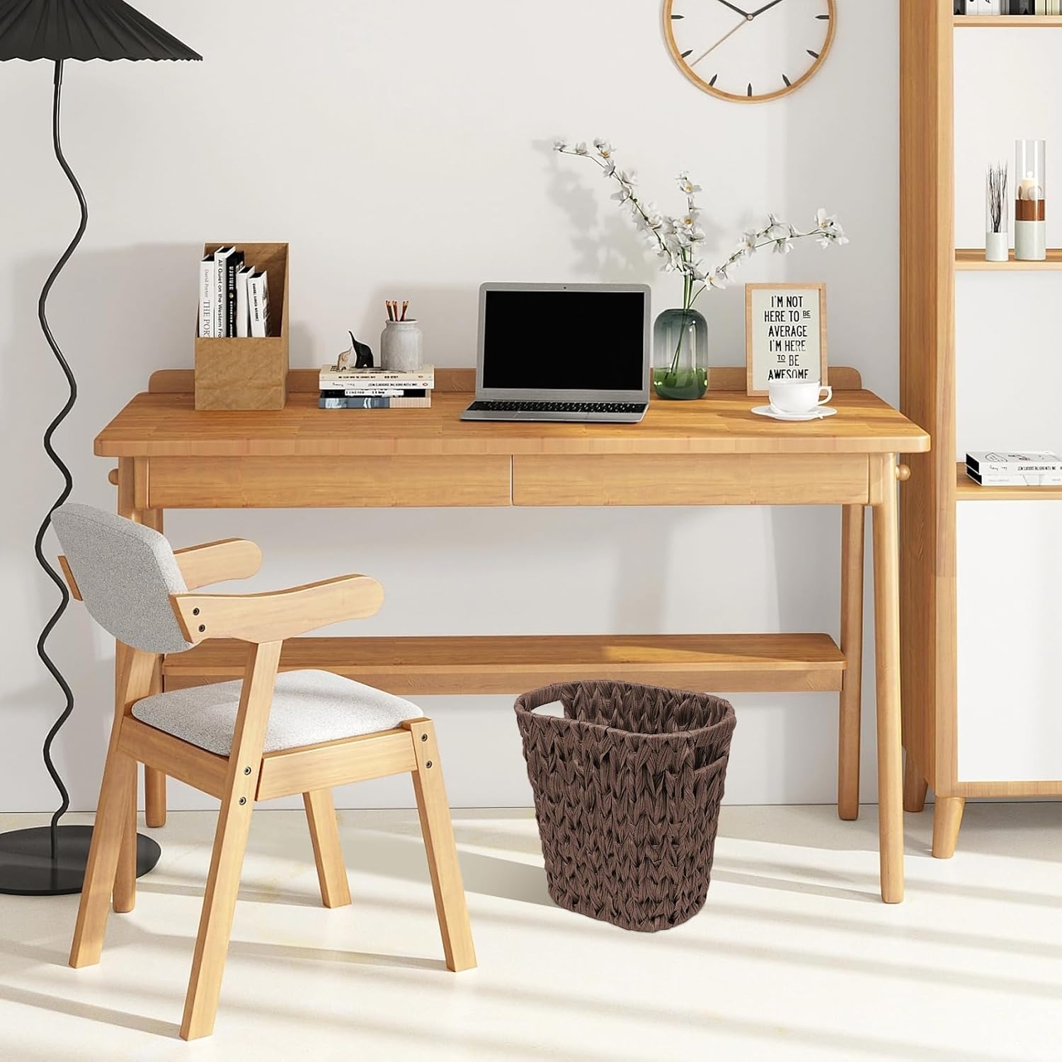 Wicker Bathroom Trash Can, Waterproof Rattan-Style Waste Basket with Handles, Decorative Garbage Bin for Bedroom, Office, 12.6×7.5×12.2 Inch (1, Brown)