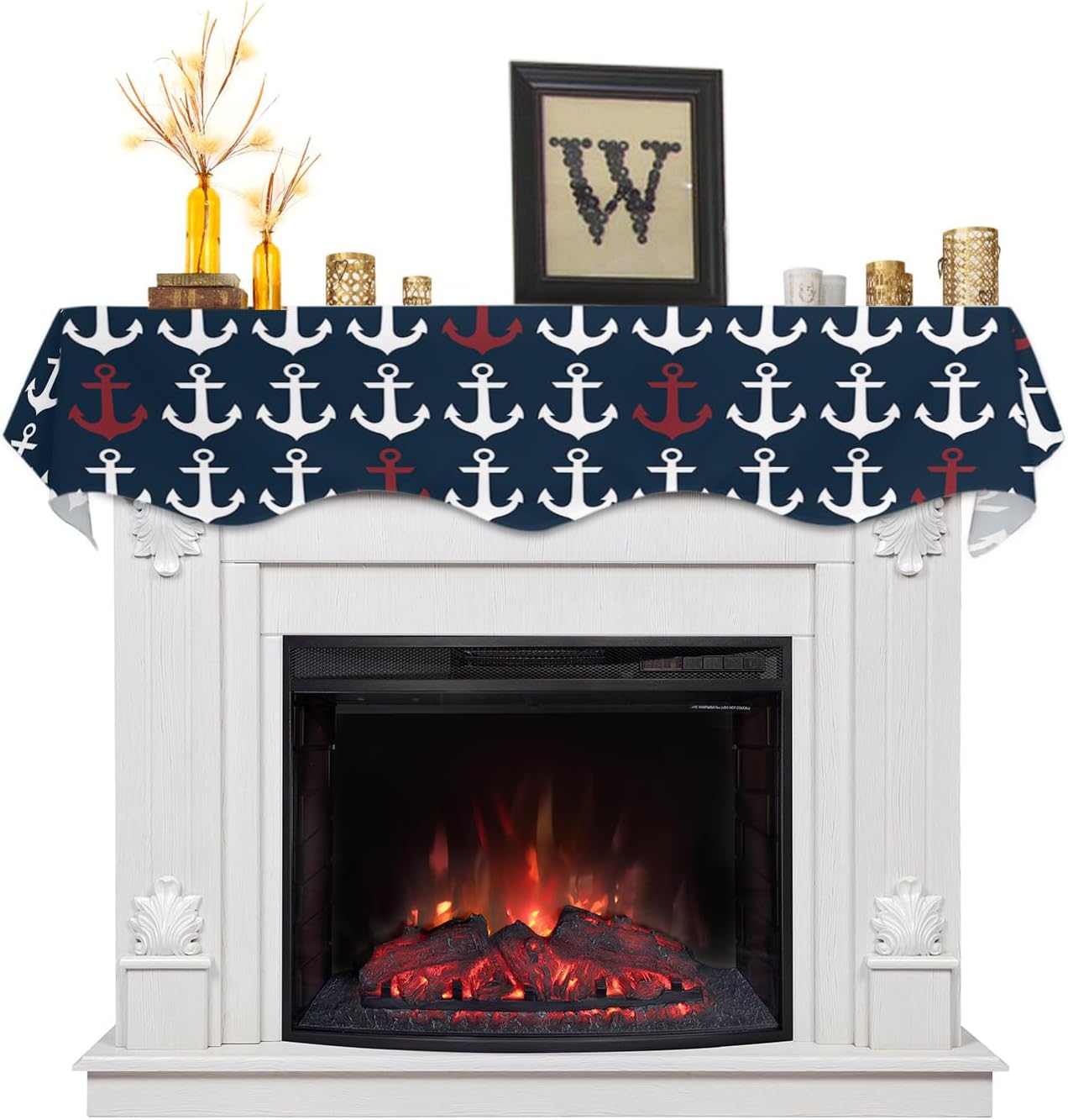 Mantle Scarf 90 x 17 Inch, Nautical Ocean Anchor Dark Blue Fireplace Mantel Scarf Mantel Cover Runner for Home Living Room Indoor Holiday Party Decor