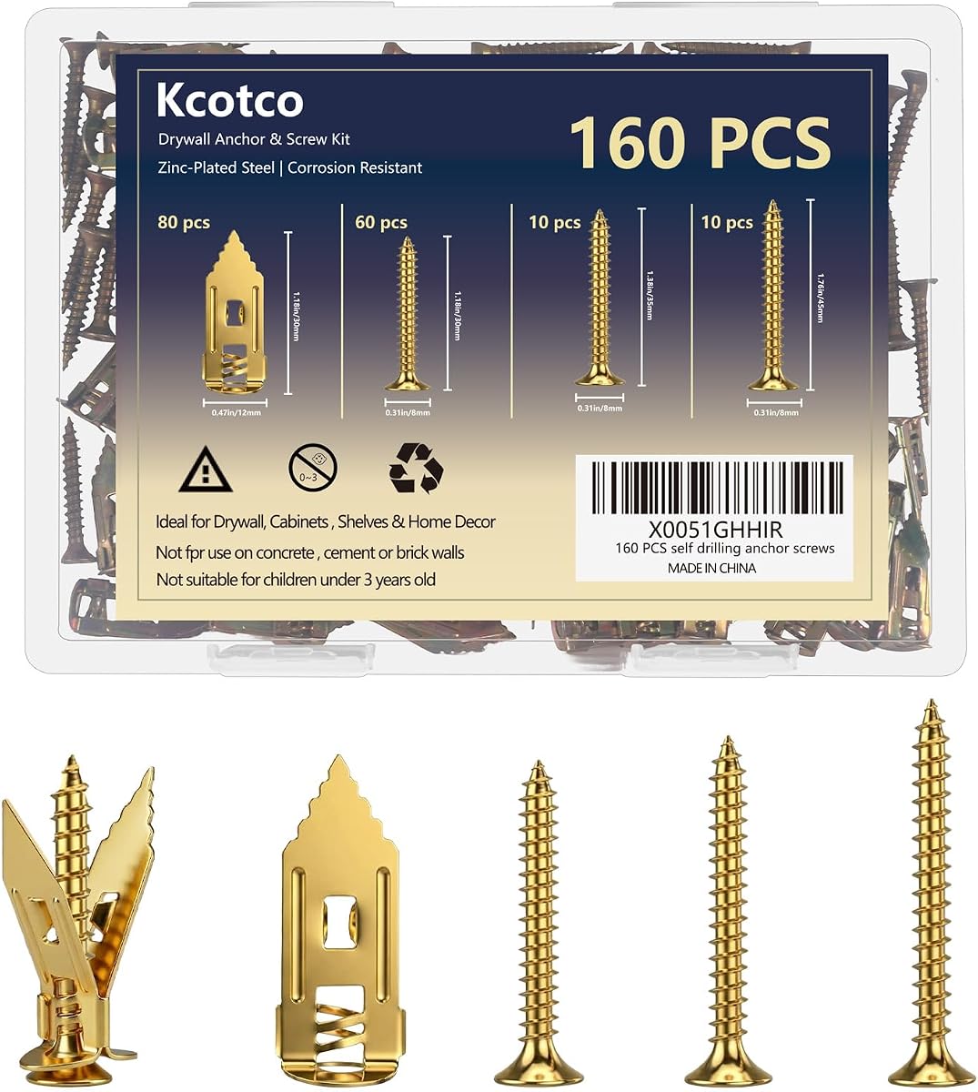 160 anclajes autoperforantes para paneles de yeso con kit de tornillos, anclajes de agarre de metal y resistentes para pared, láminas de yeso, anclajes de expansión de varios tamaños para marcos de cuadros, espejos, gabinetes, estantes y decoración del hogar