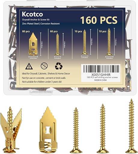 160Pcs Self Drilling Drywall Anchors with Screws Kit,Metal & Heavy Duty Grip Anchors for Wall,Sheetrock, Expansion Anchor Assorted Sizes for Picture Frames,Mirror,Cabinet, Shelves & Home Decor,
