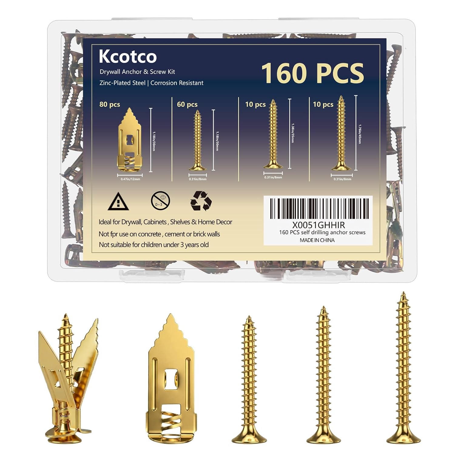 160Pcs Self Drilling Drywall Anchors with Screws Kit，Metal & Heavy Duty Grip Anchors for Wall，Sheetrock， Expansion Anchor Assorted Sizes for Picture Frames，Mirror，Cabinet， Shelves & Home Decor，