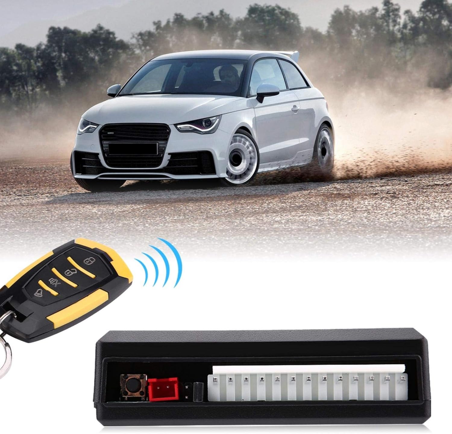 Acouto Keyless Entry System remote control with buttons for lock, unlock, trunk release, and car find functions.