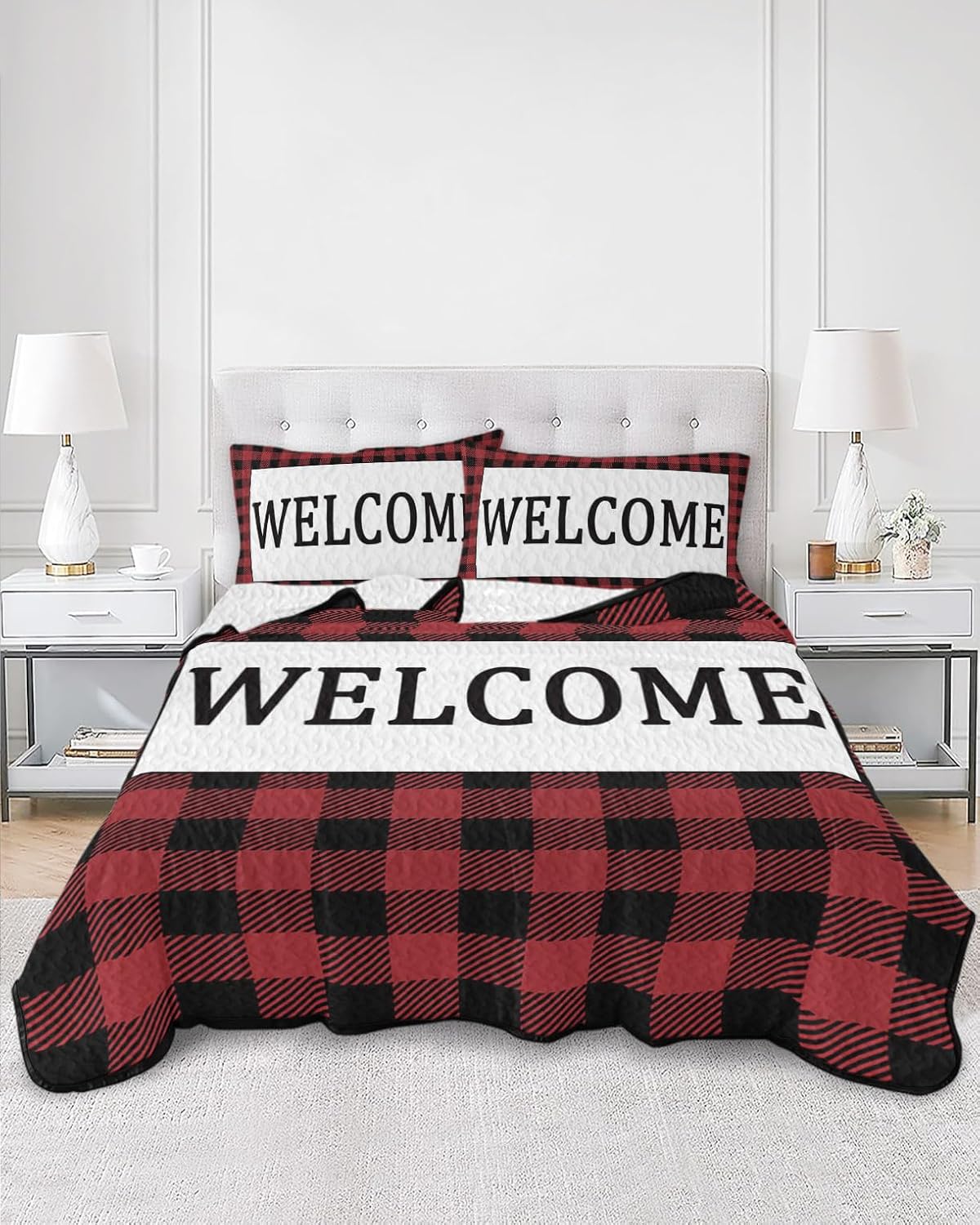 King Size Quilt Set, Minimalist Welcome Text Lightweight Bedspread Coverlet Set Soft Microfiber Summer Quilt with 2 Pillow Shams, Red Black Buffalo Check 3 Piece Comforter Bedding Set