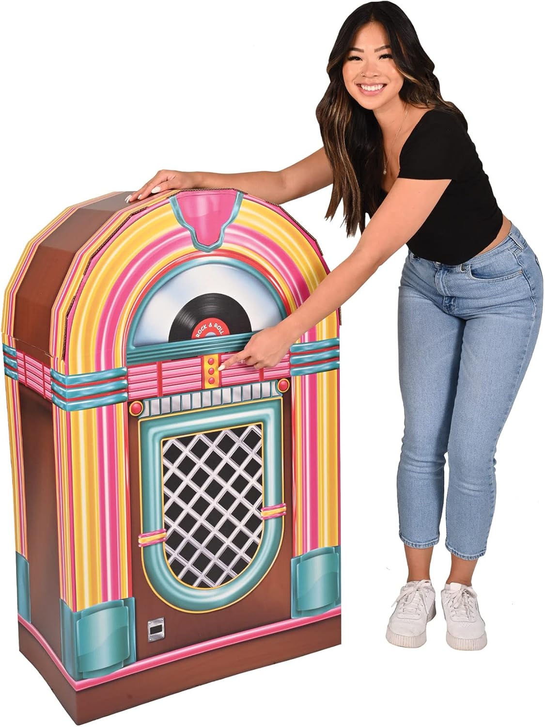 Beistle 3D Corrugated Cardboard Jukebox Photo Prop, 50s Themed Party Decorations, Rock'n Roll Party Decor, Vintage Diner Photo Booth Accessories, 3'8.5" x 27"