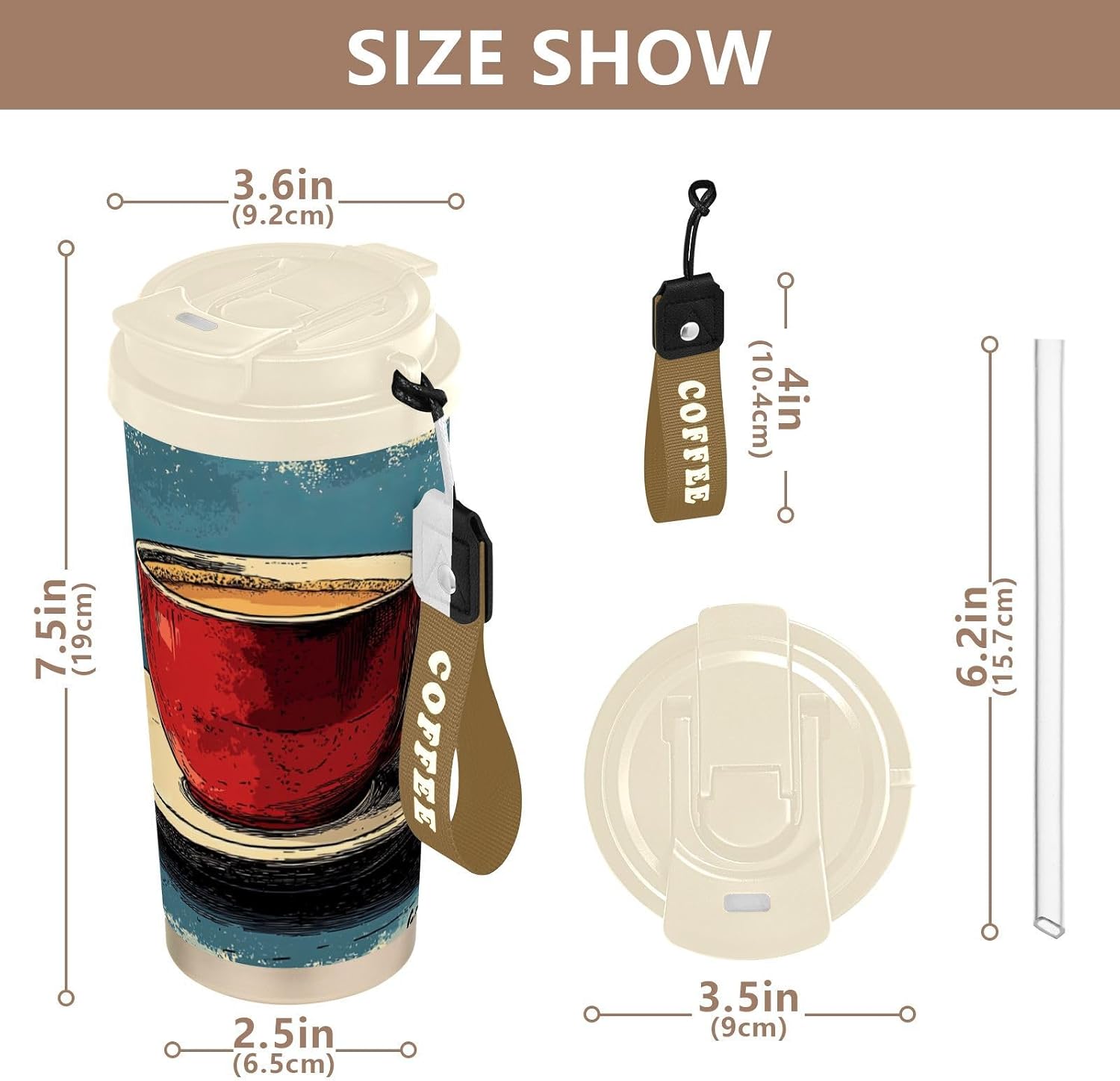 Insulated Coffee Mug Coffee Retro with Straw & Flip Lid, 16.9oz Iced Tumbler Cup, Double Wall Vacuum Mug for Travel Office Camping