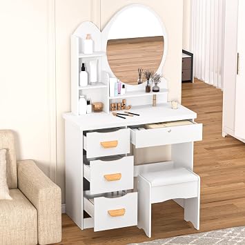Vanity Desk with Mirror and Lights 4 Drawer Bedroom Dressing Table Makeup Table with Drawers and Shelves Storage Space Makeup Desk with Open Shelves White-g