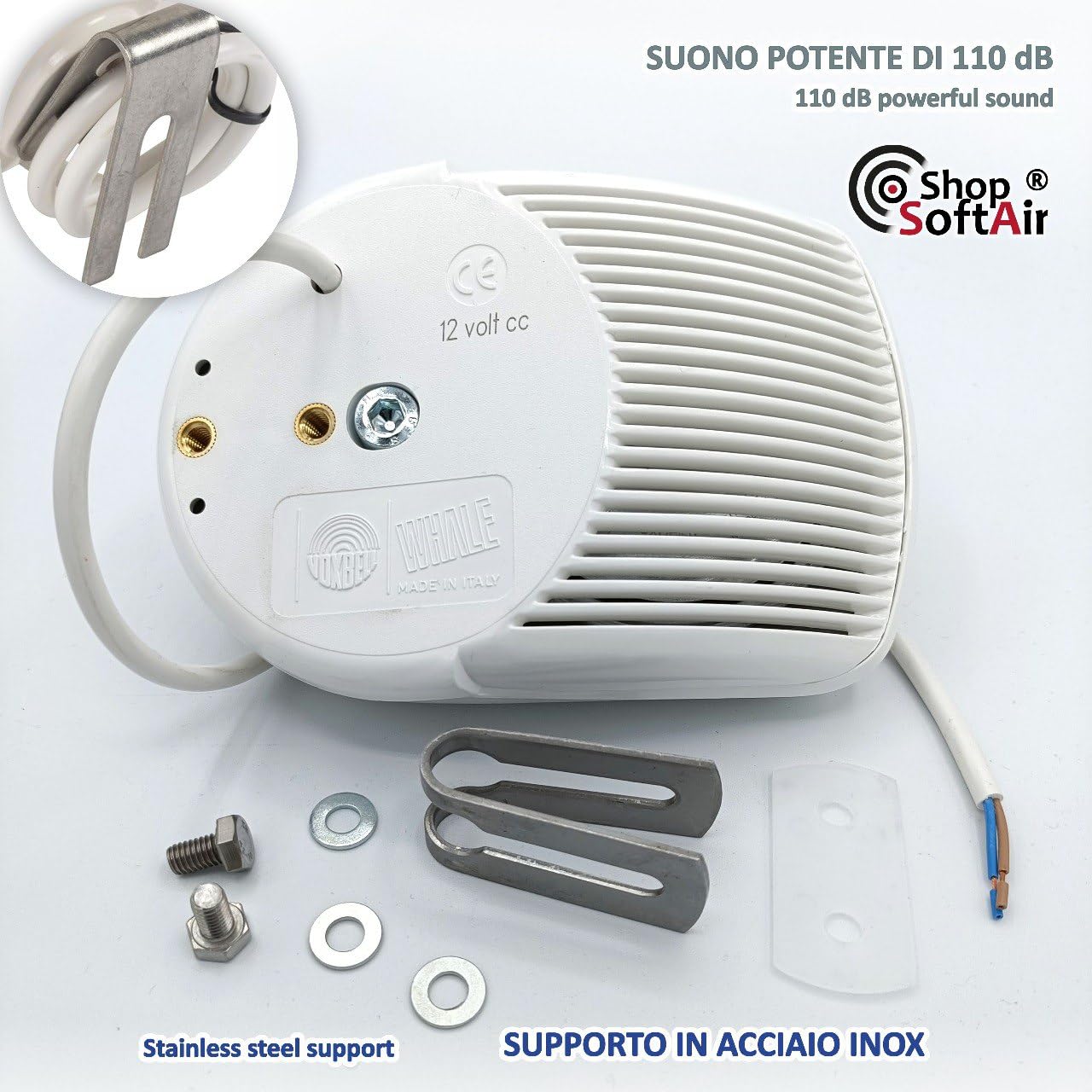Tromba Elettrica Nautica Nera o Bianca 12v ABS per Barca o Gommone con Staffa e Viteria in Acciaio Inox