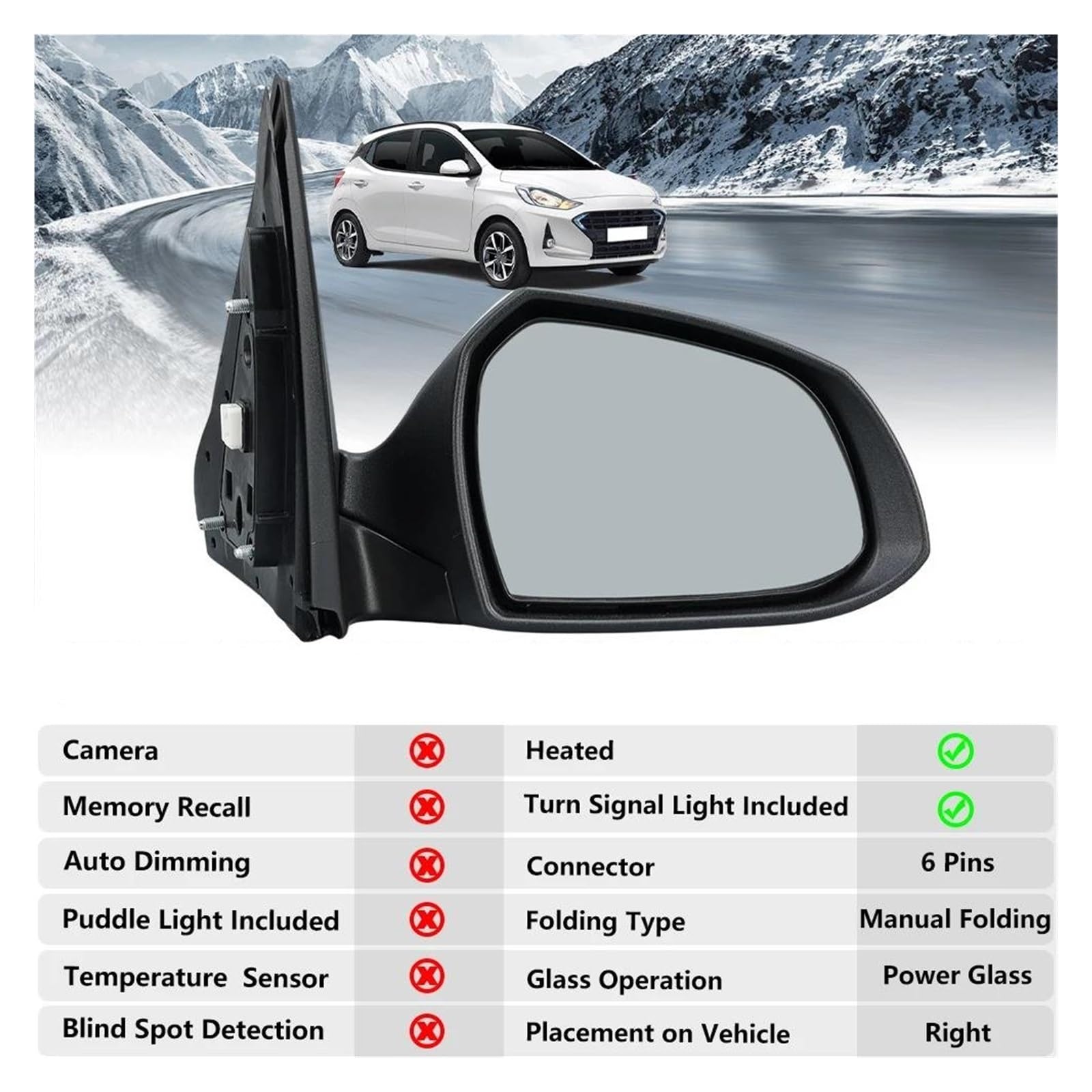 "Specchietti Esterni Completi Per Hyundai I10 2020-2023 Specchietto Laterale Riscaldato Pieghevole Manuale Bianco 6 Pin Gruppo Retrovisore(1pc right)